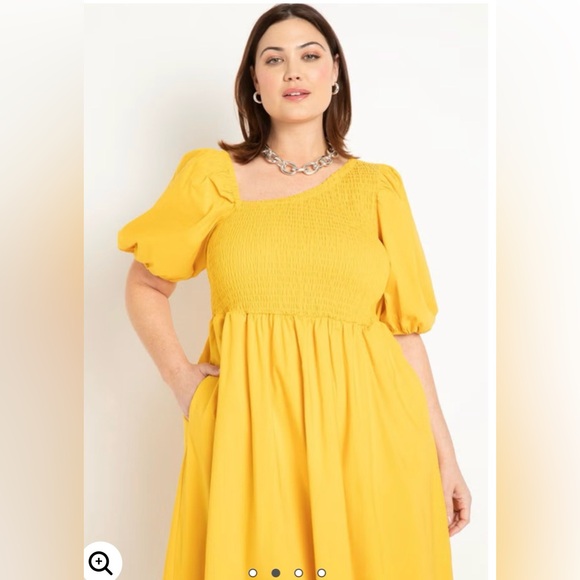 Eloquii Vibrant Yellow Smocked Asymmetric Neck Maxi Dress - Picture 3 of 12